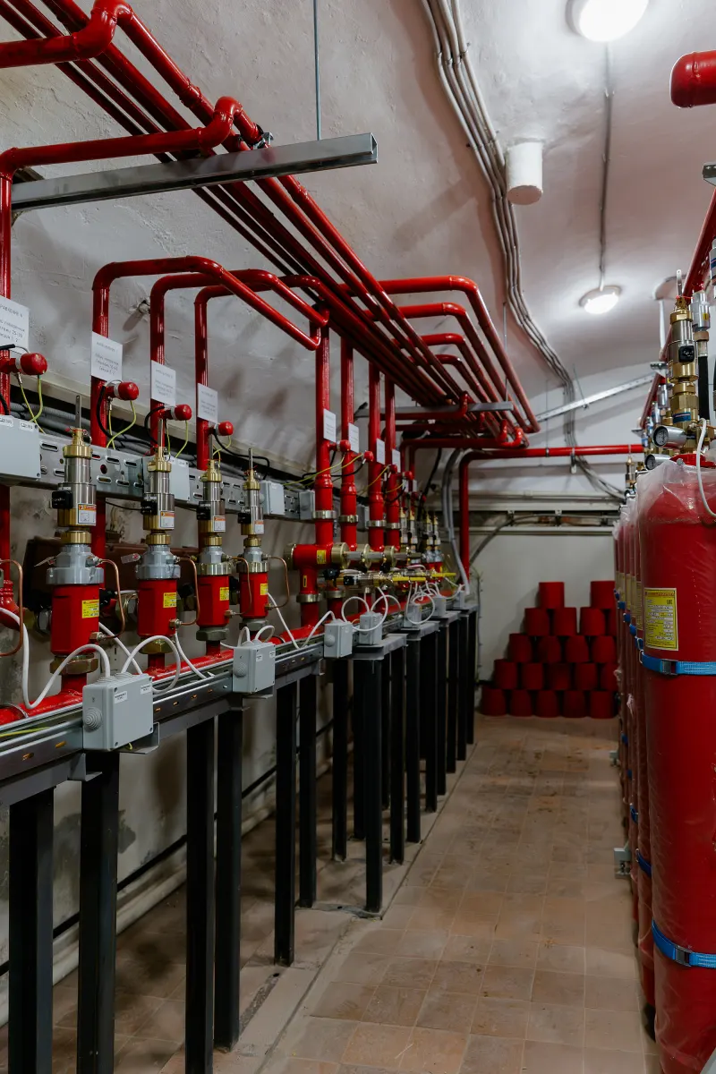 Ряд распределительных устройств и трубопроводы станции газового пожаротушения после монтажа