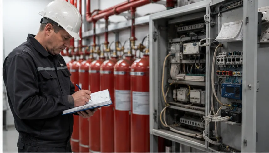 Инженер в каске заполняет журнал у батареи модулей газового пожаротушения и открытого щита автоматики